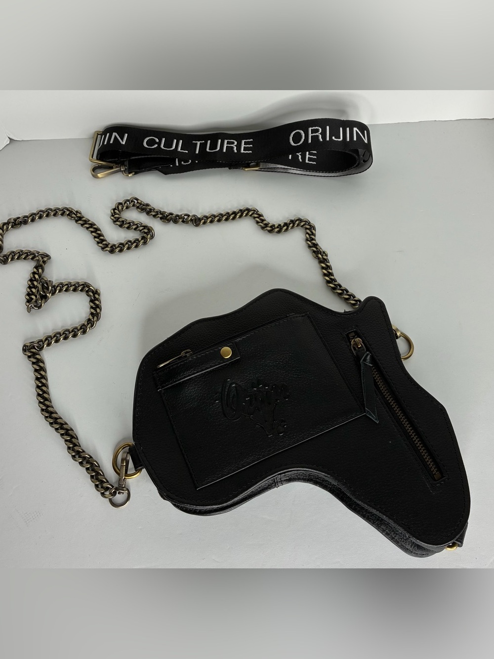 Black Crossbody Bag with Brass Chain & Detachable Logo Strap